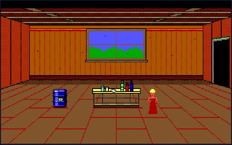 The room designer: a tavern with a counter, a barrel and an old woman
